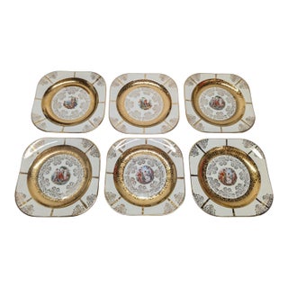 Vintage Set of Six 22k Gold Leaf Victorian Center Square Plates For Sale