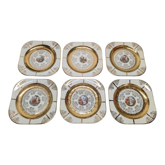 Vintage Set of Six 22k Gold Leaf Victorian Center Square Plates For Sale