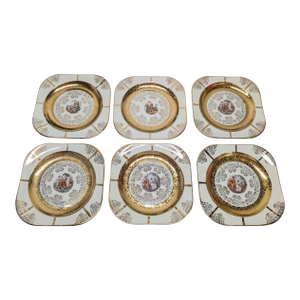 Vintage Set of Six 22k Gold Leaf Victorian Center Square Plates