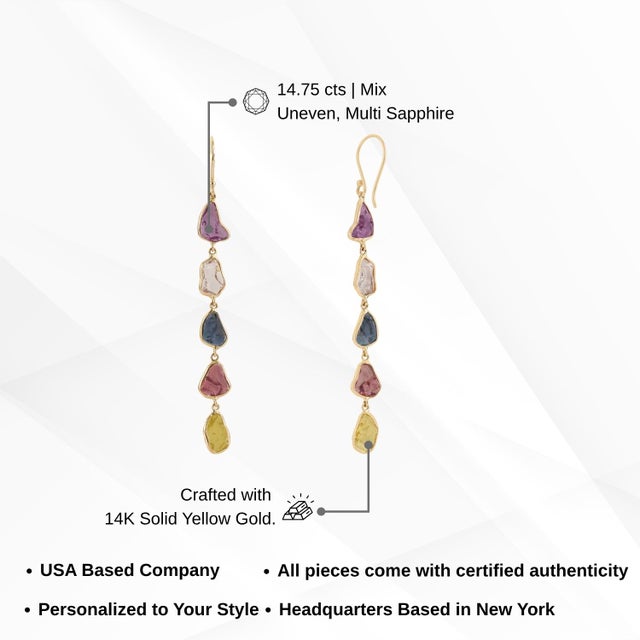 14.75ct Rainbow Sapphire Uncut Antique Style Dangle Earrings in 14k Gold- A Pair For Sale - Image 11 of 14