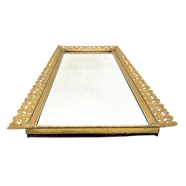 Vintage Hollywood Regency Gold-Tone Filigree Mirrored Vanity Tray - Ornate Filigree Edge – Glam / Rococo Revival / Mid-Century For Sale In Houston - Image 6 of 13