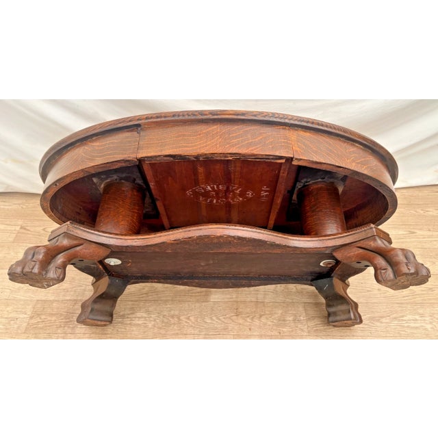 Antique Tiger Oak Oval Coffee Table, Carved Paw Feet, Drawer, Shelf, By: Piqua For Sale - Image 11 of 12