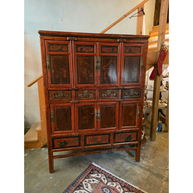 Large Red Asian Storage Cabinet With Red Finish For Sale In San Antonio - Image 6 of 10