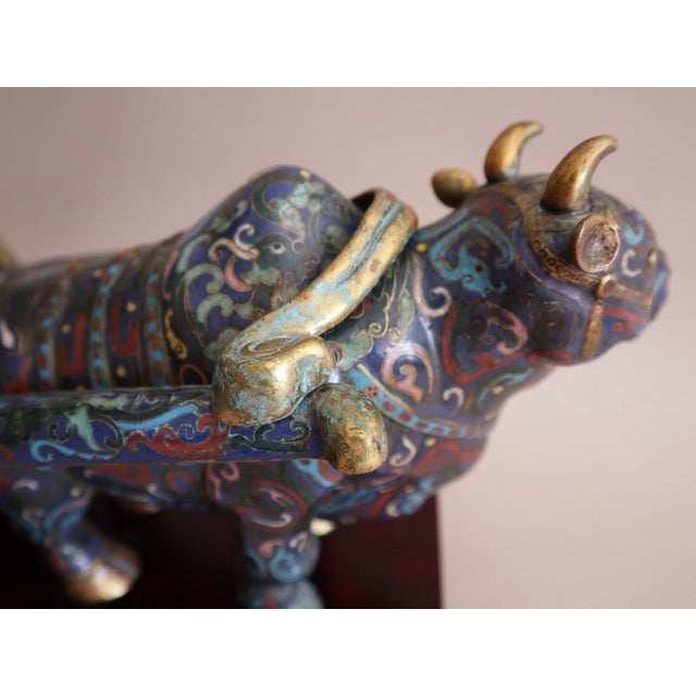 Metal Early 1900s Antique Cloisonné Ox Pulling Cart on Wood Stand For Sale - Image 7 of 9