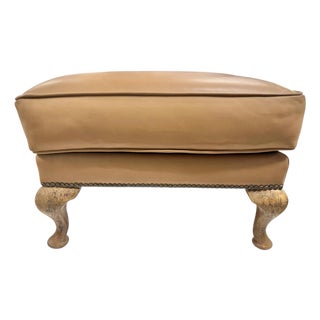 Custom Camel Leather Ottoman With Queen Anne Sculptural Legs by Danny Cannon Custom Upholstery For Sale