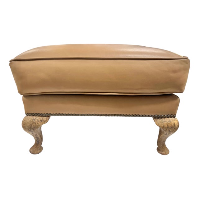 Custom Camel Leather Ottoman With Queen Anne Sculptural Legs by Danny Cannon Custom Upholstery For Sale