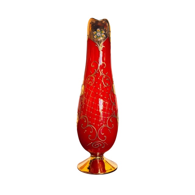 Traditional Mid 20th Century Bohemian Hand-Enameled Cased Glass Pitcher & Goblet Set With Ornate Gold Overlay - 7 pcsc For Sale - Image 3 of 11