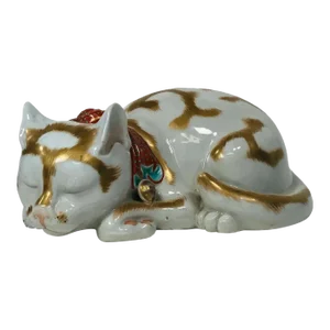 Early 20th Century Japanese Kutani Porcelain Figure of a Sleeping Cat