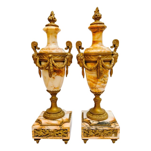 Pair of 19th Century French Louis XVI Style Marble and Gilt Bronze Cassolettes For Sale