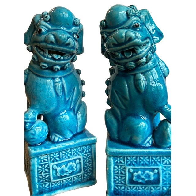 Ceramic Set of 2, 1970s Blue Foo Dog Guardian Lion Ceramics Set For Sale - Image 7 of 10