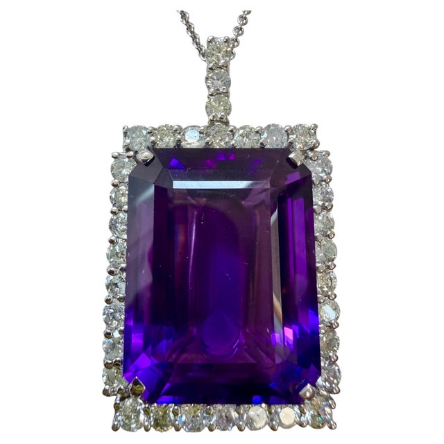 152 Ct Emerald Cut Amethyst & 10 Ct Diamond Pendant Necklace 14kw Gold + Chain For Sale - Image 4 of 8