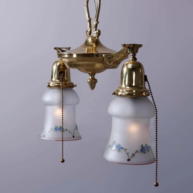 Antique Brass Drop-Light Hanging Ceiling Fixture, Circa 1920 For Sale - Image 4 of 11