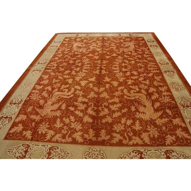 1920s 1920s Red Rust Birds Shou Symbols Modern Room Size Antique Chinese Art Deco Rug For Sale - Image 5 of 9