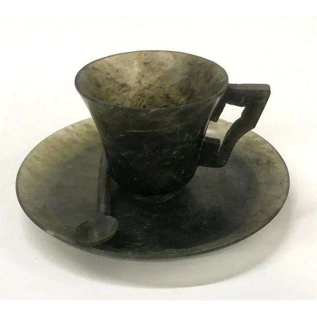 Very rare circa 1930 Rare Art Deco 12 Spinach Jade Cups and Saucers and 8 Carved Jade Spoons Cup H 2.25 D 2.5 in Saucer...