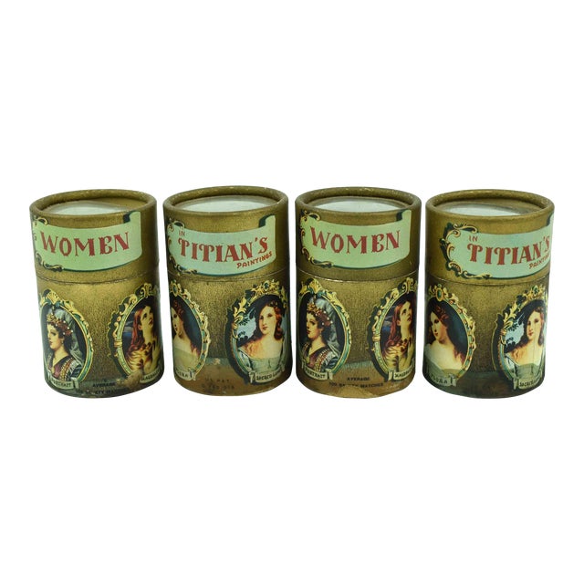 Vintage Italian Match Box With Woman in Titian's Paintings Design - Set of 4 With Original Matches For Sale