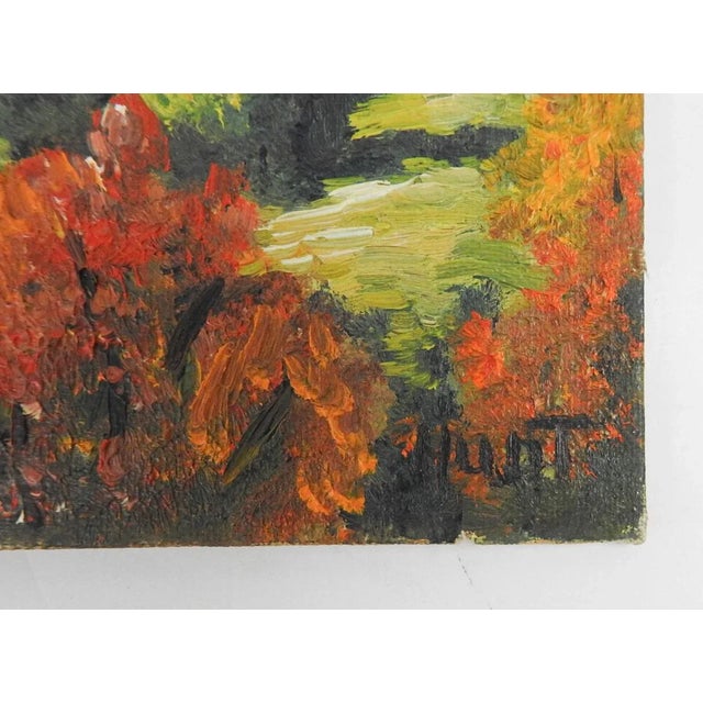 Small vintage mid 20th century oil on canvas board old homestead in autumn landscape painting by Mary Hunt (20th century)...