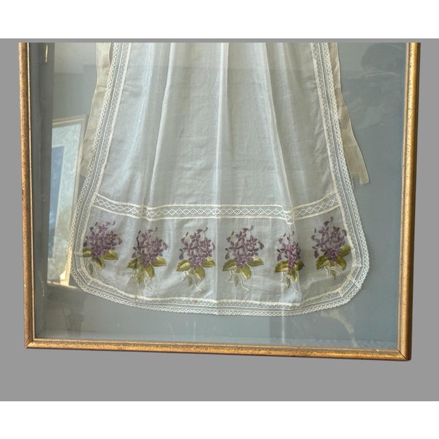 Shabby Chic Vintage Hand Embroidered Lilac Apron Shadow Box Framed Cottage Wall Decor For Sale - Image 3 of 6