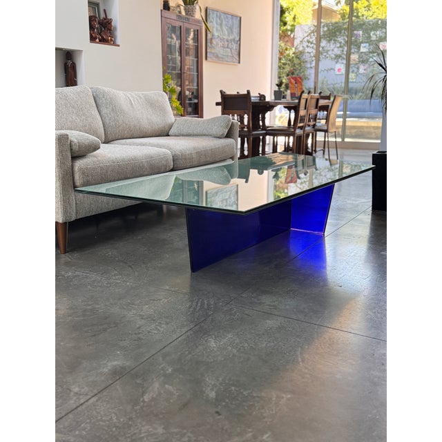 Glass 1990s Large Asymmetrical Sculptural Glass Coffee Table With Cobalt Blue Pedestal Base For Sale - Image 7 of 13