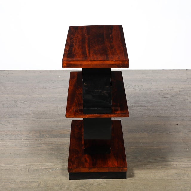 Art Deco Machine Age 3-Tier Walnut Side Table W/ Black Lacquer Round Support For Sale - Image 12 of 14