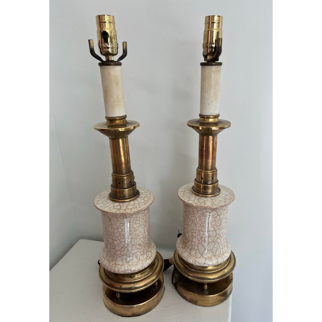 Stiffel Mid-Century Modern Crackle Glazed Brass Table Lamps - A Pair For Sale In Houston - Image 6 of 11