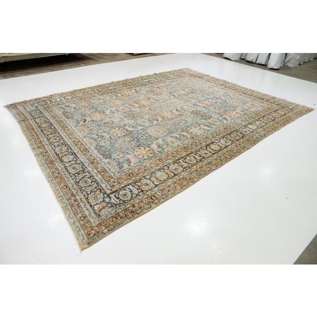 Persian Room Size Floral Antique Persian Tabriz Wool Rug in Blue For Sale - Image 3 of 10