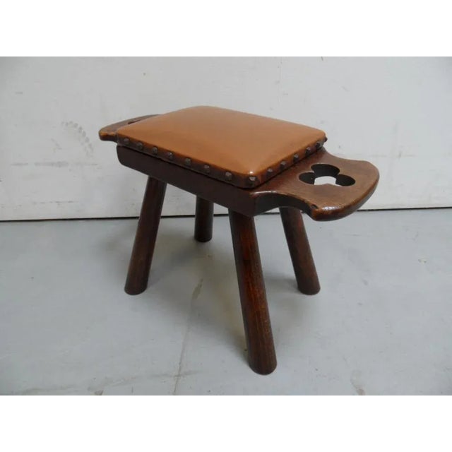 Vintage Oak Milk Stool with Leather Top, 1890s For Sale - Image 5 of 8