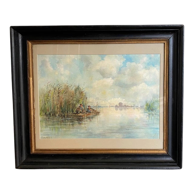 Listed British Artist Bernard Harper Wiles 1883-1966 - Signed Framed Watercolor Painting of Men Fishing For Sale
