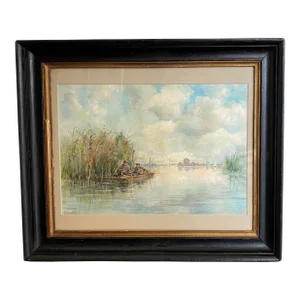 Listed British Artist Bernard Harper Wiles 1883-1966 - Signed Framed Watercolor Painting of Men Fishing