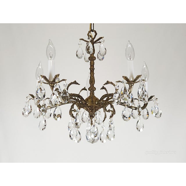 Antique 5 Light 5 Arm Overflowing Opulent Brass Cut Lead Crystal Chandelier For Sale - Image 9 of 12