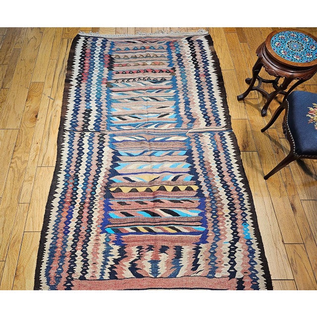 Antique Kurdish Bidjar Tribal Kilim Rug, Handwoven Wool, Stripe Pattern, Turquoise & Yellow, 5x9 For Sale - Image 15 of 15