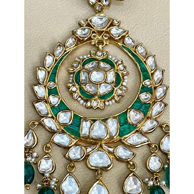 2010s Traditional Kundan Polki Rose Cut Diamond 18 Kt Gold Chand Bali Enamel + Emerald For Sale - Image 5 of 18