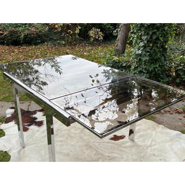 Postmodern Chrome & Glass Extendable Dining Table / Desk Table attributed to Milo Baughman, 1980s For Sale - Image 7 of 11