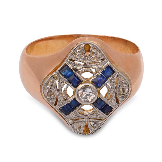 Victorian Antique Diamond Sapphire 18k Rose Gold Ring, Size 6 For Sale - Image 3 of 7