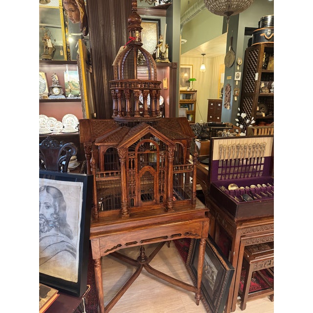 Antique Handcrafted Walnut Cathedral Bird Cage With Architectural Spire For Sale - Image 12 of 12