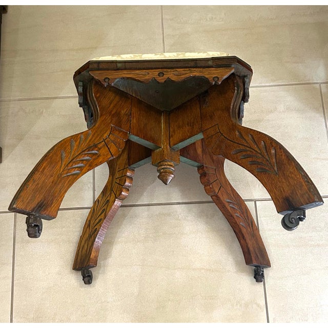 Antique, Oak With Spoon-Carvings, Victorian-Era or Eastlake Style Foot/Vanity Stool, Cabriole Legs, Centralized Drop-Pendant Under Seat, Circa 1890’s For Sale In South Bend - Image 6 of 10