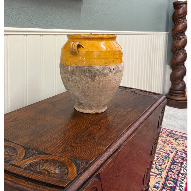 Antique French Country Confit Pot Pottery Jug Glazed Ochre Yellow Large #2 For Sale - Image 15 of 17