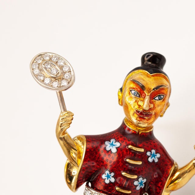 1970s 1970s Vintage 18k Yellow Gold Diamond Enamel Juggler Brooch For Sale - Image 5 of 9