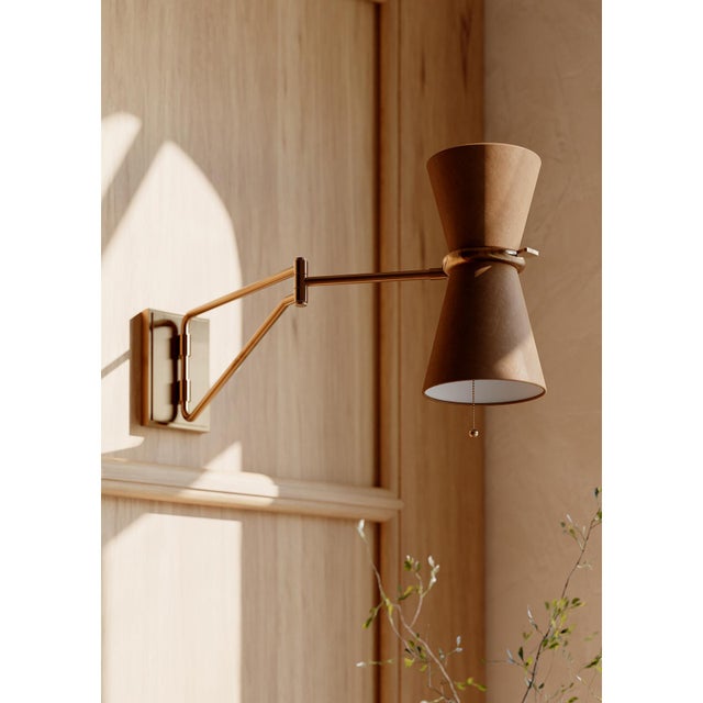 Mid-Century Modern Gable Swing Arm Sconce, Antique Natural Brass with Russet Shade For Sale - Image 3 of 8