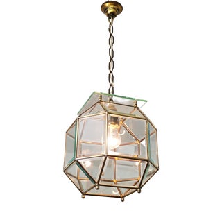 Mid-Century Modern Octagonal Pendant Lamp in Cut Glass and Brass, Italy, 1950s For Sale