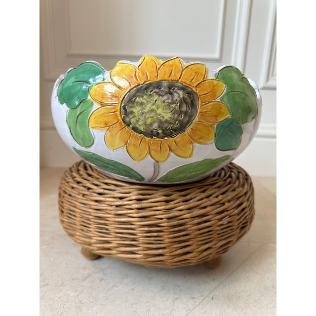 Farmhouse Vintage 12” Italian Sunflower Insized, Glazed Handpainted Terracotta Bowl For Sale - Image 3 of 18