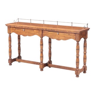Vintage Oak Console Table with Brass Gallery For Sale