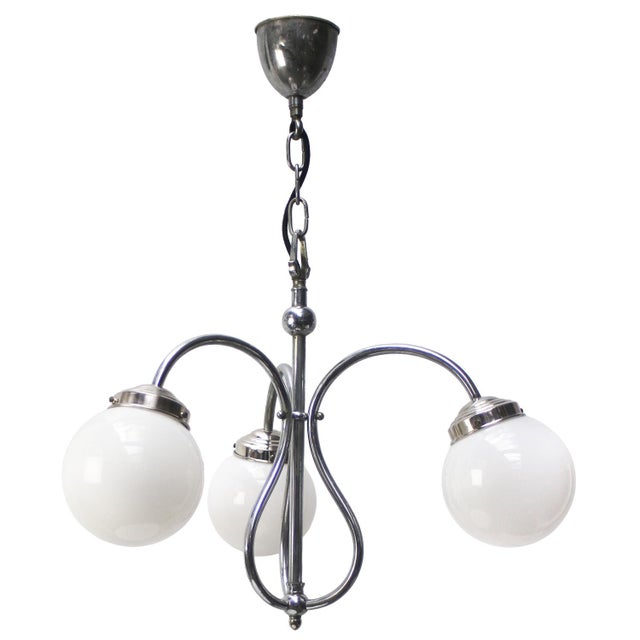 French Art Deco Nickel-Plated 3-Arm Chandelier with White Opaline Glass Globes For Sale - Image 10 of 10