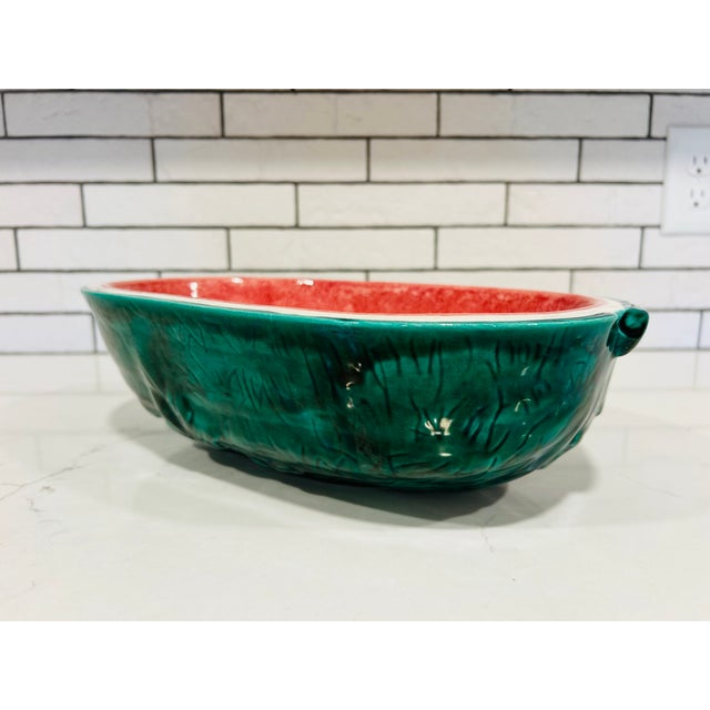Vintage Watermelon Glazed Pottery Serving Bowl - Green Red Oval Bowl For Sale - Image 6 of 11