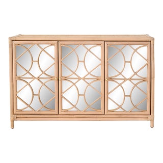 Matthew Izzo Home Aria Natural Rattan Three Door Mirrored Front Buffet For Sale
