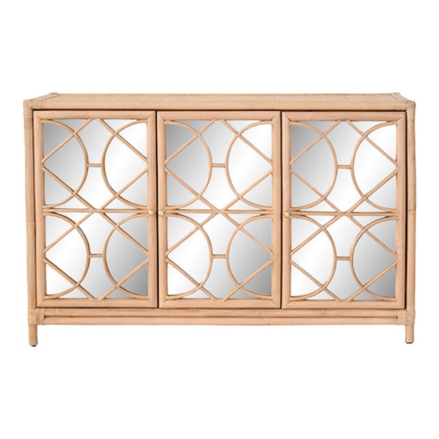 Matthew Izzo Home Aria Natural Rattan Three Door Mirrored Front Buffet For Sale