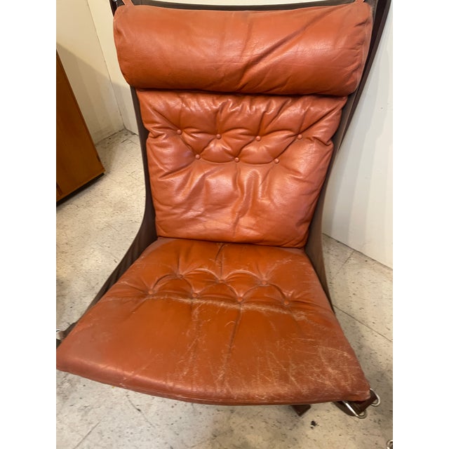 Wood Pair of Vintage Cognac Leather/Beech Chairs and Ottoman For Sale - Image 7 of 8