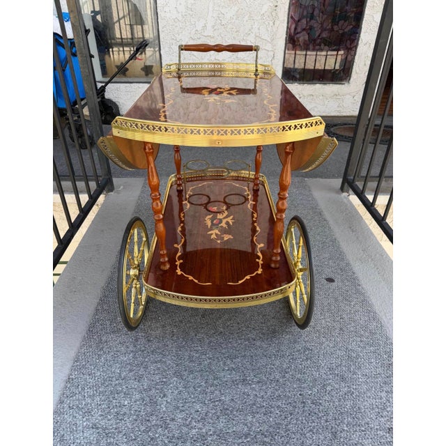 Hollywood Regency Vintage Wood Inlay Bar Cart Brass For Sale - Image 3 of 4