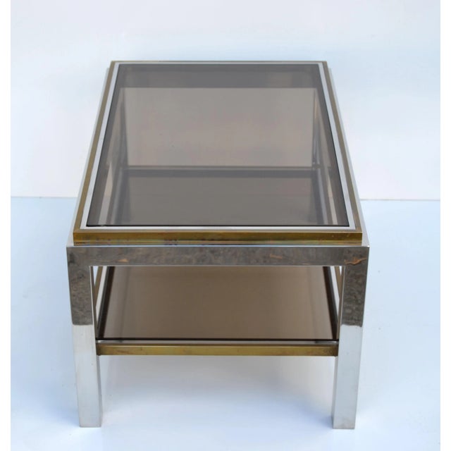 Silver Signed Willy Rizzo Two-Tier Chrome & Brass Coffee Table Smoked Glass Italy 60s For Sale - Image 8 of 12