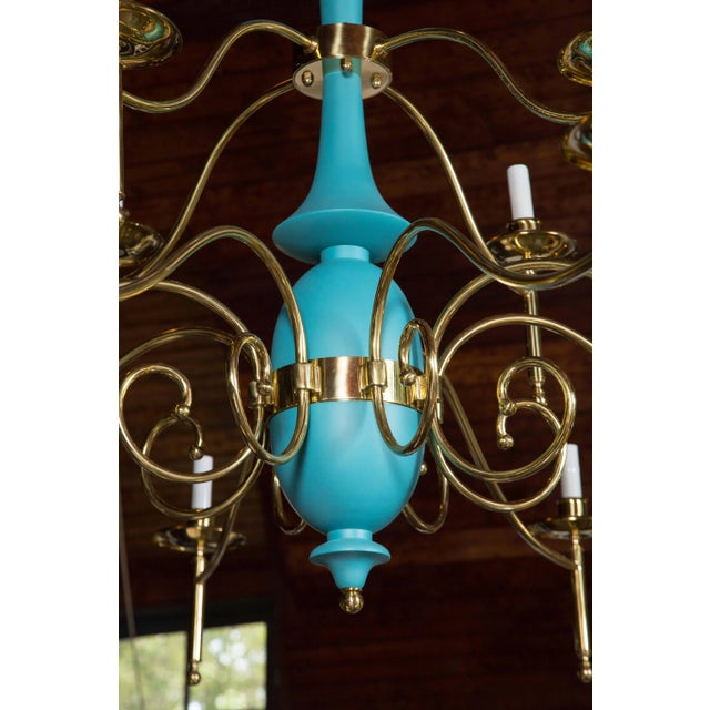 Large Department Store Chandelier, Robin's Egg Blue and Brass For Sale - Image 4 of 9