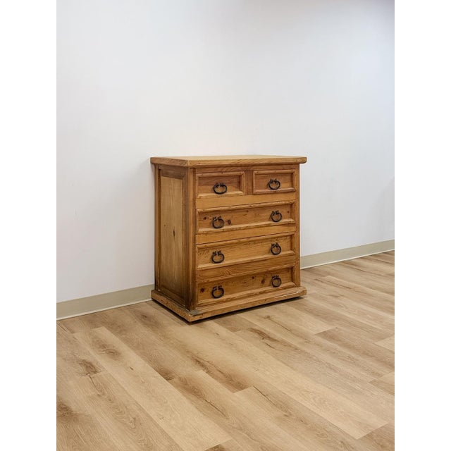 Late 20th Century Mexican Solid Pine Five Drawer Dresser Wrought Iron Pulls Rustic Farmhouse Chest For Sale - Image 4 of 13
